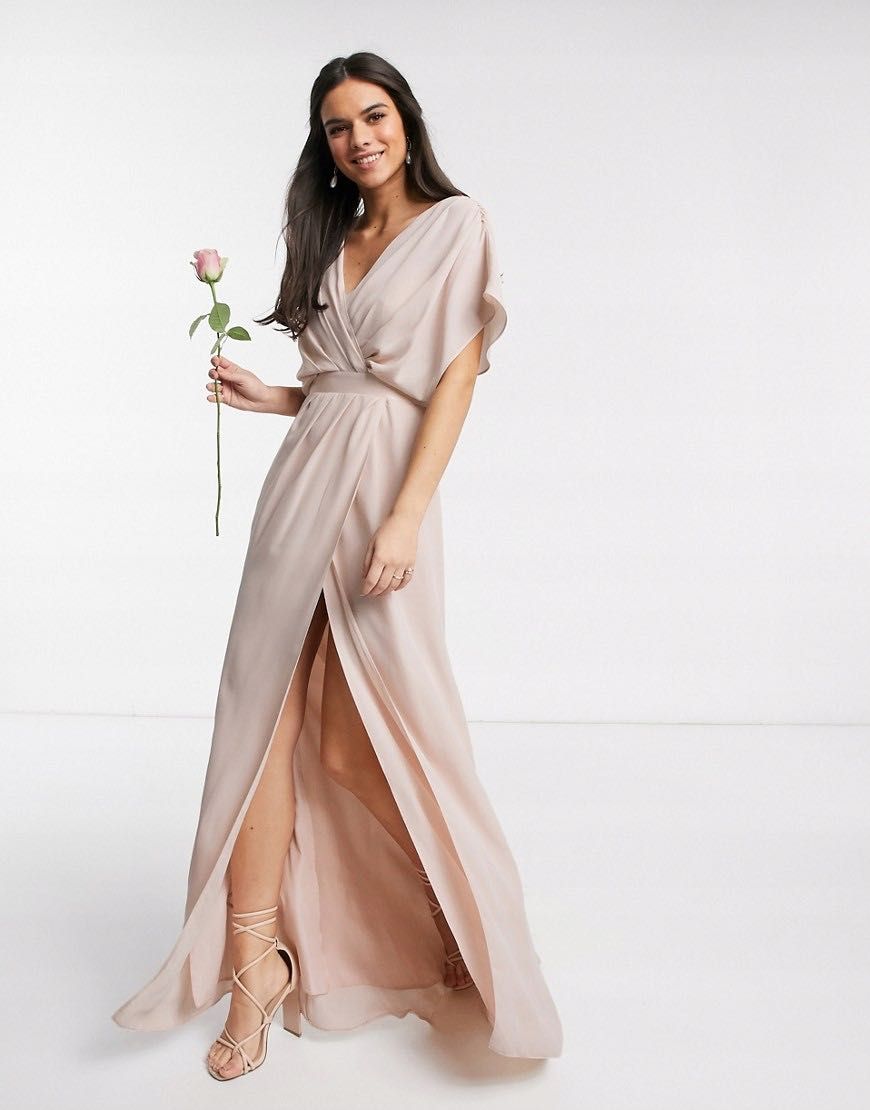 ASOS Design Bridesmaid Bladoróżowa sukienka 36/S maxi z drapowanym