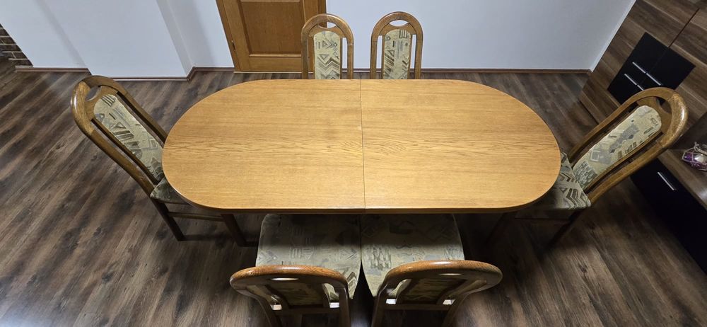 Elegancki komplet: stół dębowy rozkładany 183/248cm/91cm + 6 krzeseł