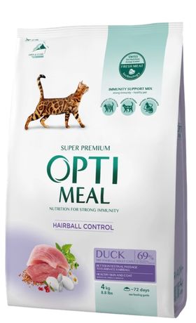 OptiMeal Оптимил сухой корм для кошек Вывод шерсти с уткой 4кг