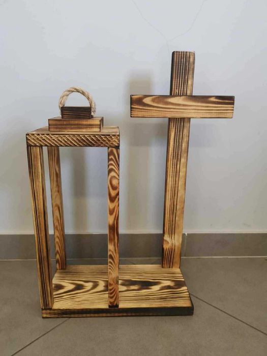 Lampion drewniany z dużym Krzyżem 40cm Baza pod stroik Dekoracja