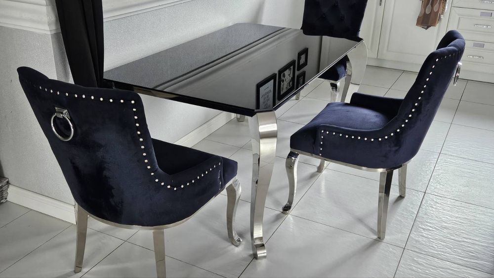 Stół GLAMOUR + 4 krzesła,  szklany blat, srebrne nogi