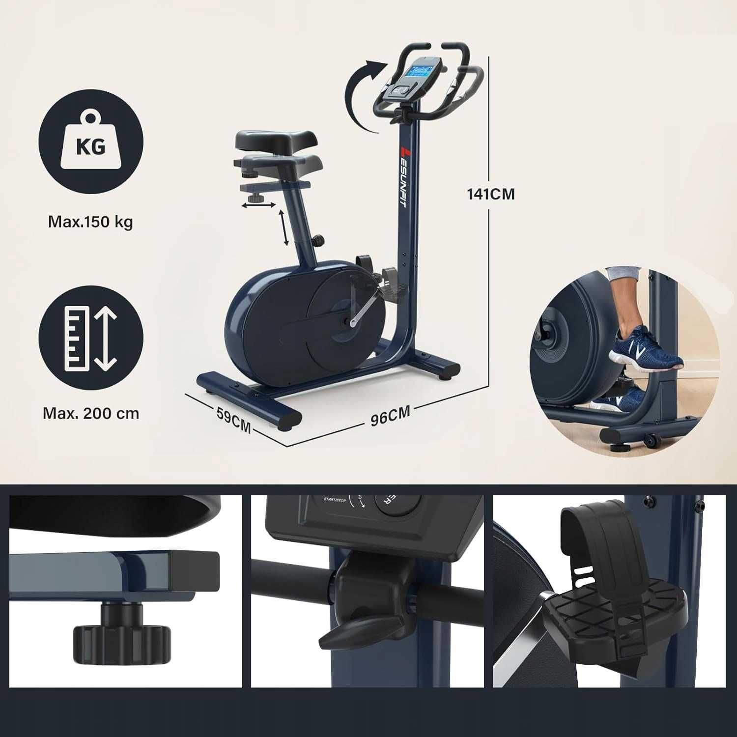 Ergometr cichy rower treningowy 24 duży monitor waga użytkownika 150kg