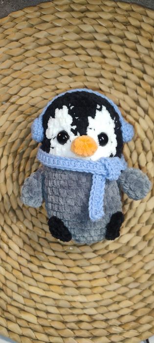 Pingwinek pingwin niebieskie słuchawki szalik 16 cm prezent rękodzieło