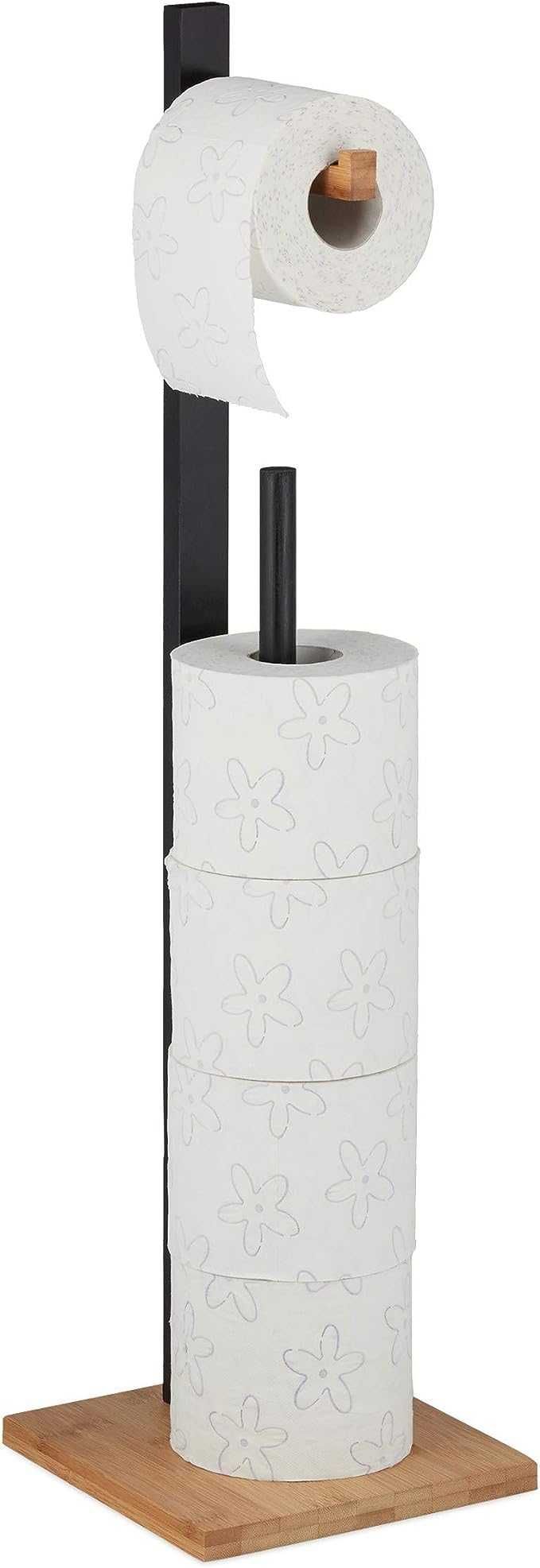 Relaxdays Uchwyt na papier toaletowy stojący, bambus, czarno-naturalny
