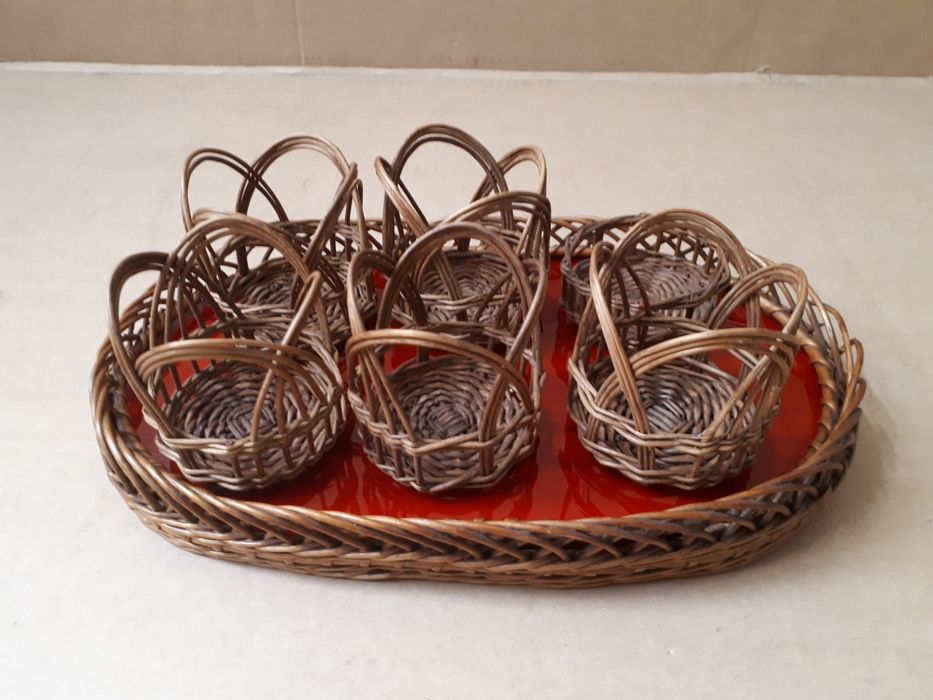 Wiklina PRL Osłonki na szklanki z paterą Zestaw Vintage Retro BOHO