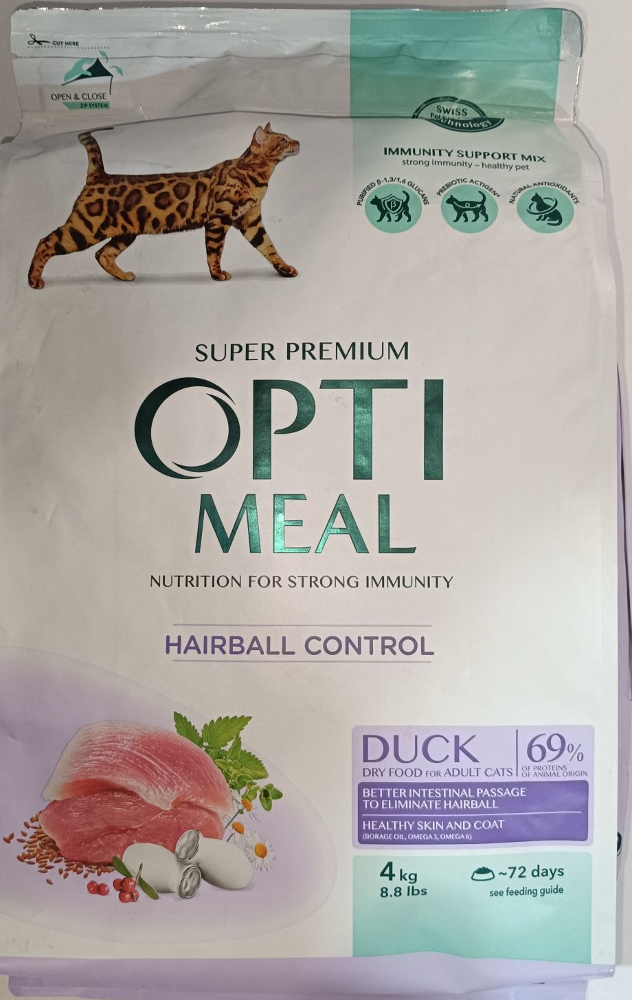 Корм для котов OptiMeal Hairball Control с уткой 4кг = 799грн.