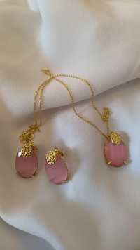 Conjunto em prata com pedra cor de rosa