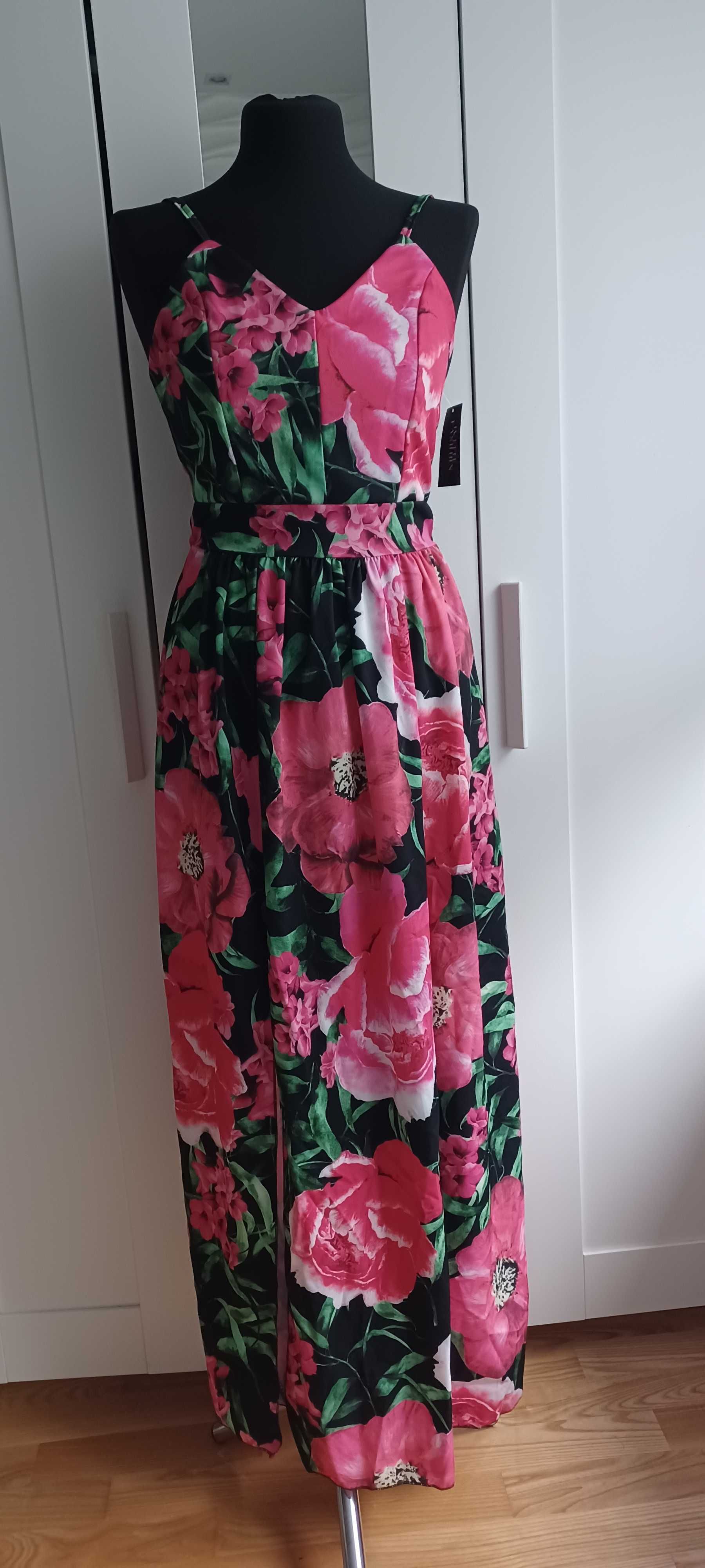 Sukienka maxi czarna w różowe kwiaty wiązana z tyłu r. Uni