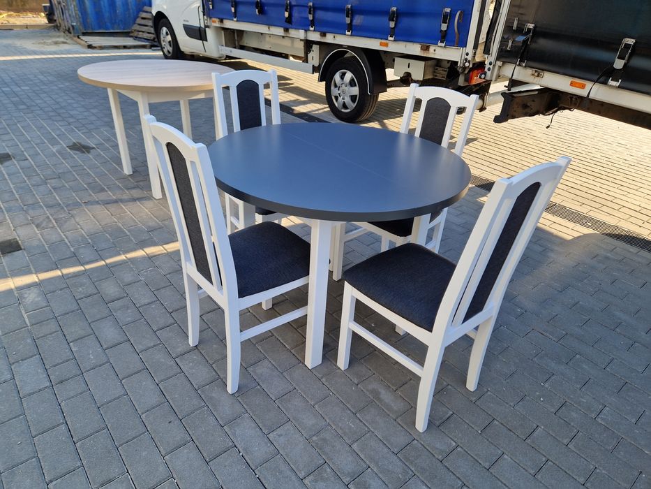 Nowe: Stół okrągły + 4 krzesła, bialy/grafit + grafit , dostawa PL