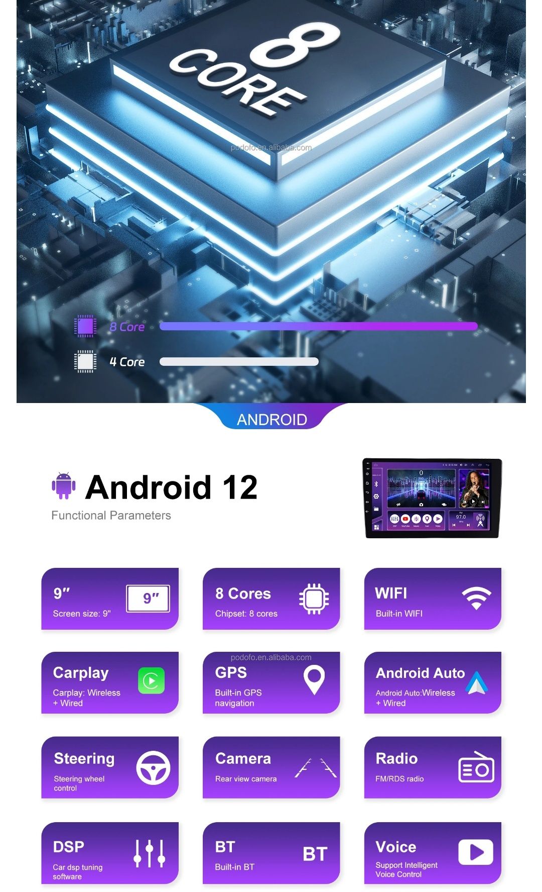 Rádio android 12 de 9 polegadas 4/64gb 8-CORE BT wifi GPS rds SELADO