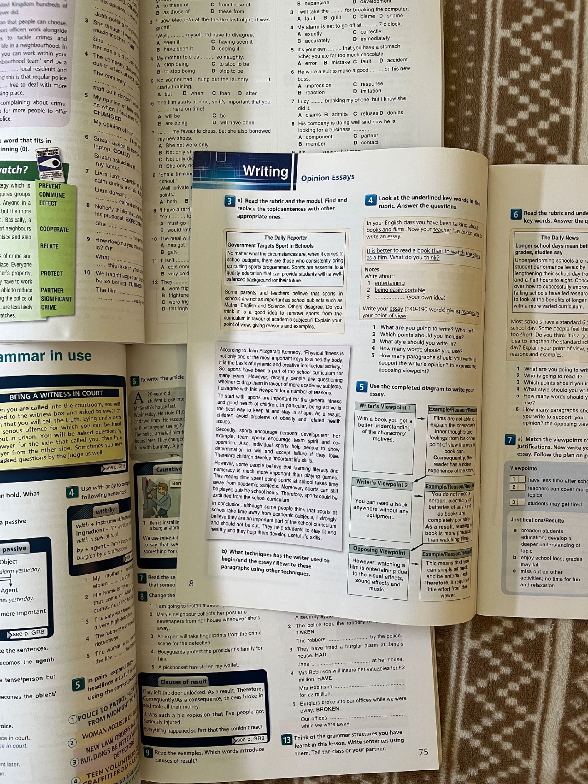 On Screen B2 Students book, Workbook, Grammar book, writing book.