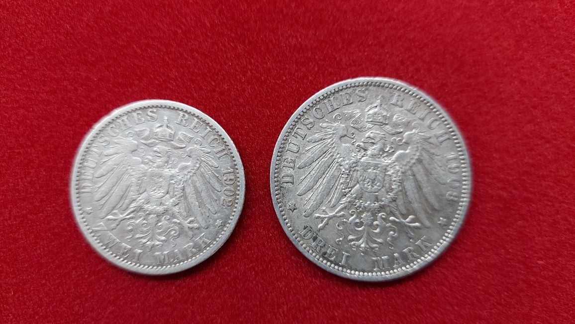 2x srebrna moneta 2 marki 1902, 3 marki 1908