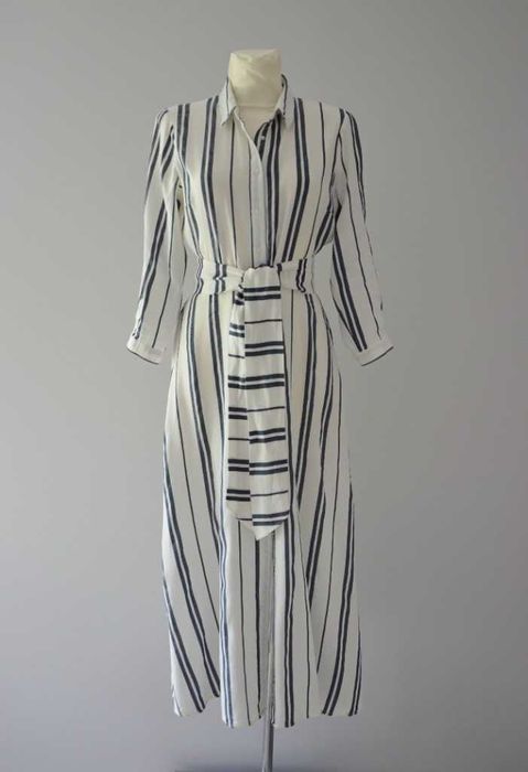 Zara długa lniana sukienka w paski len old money timeless dress 36 S