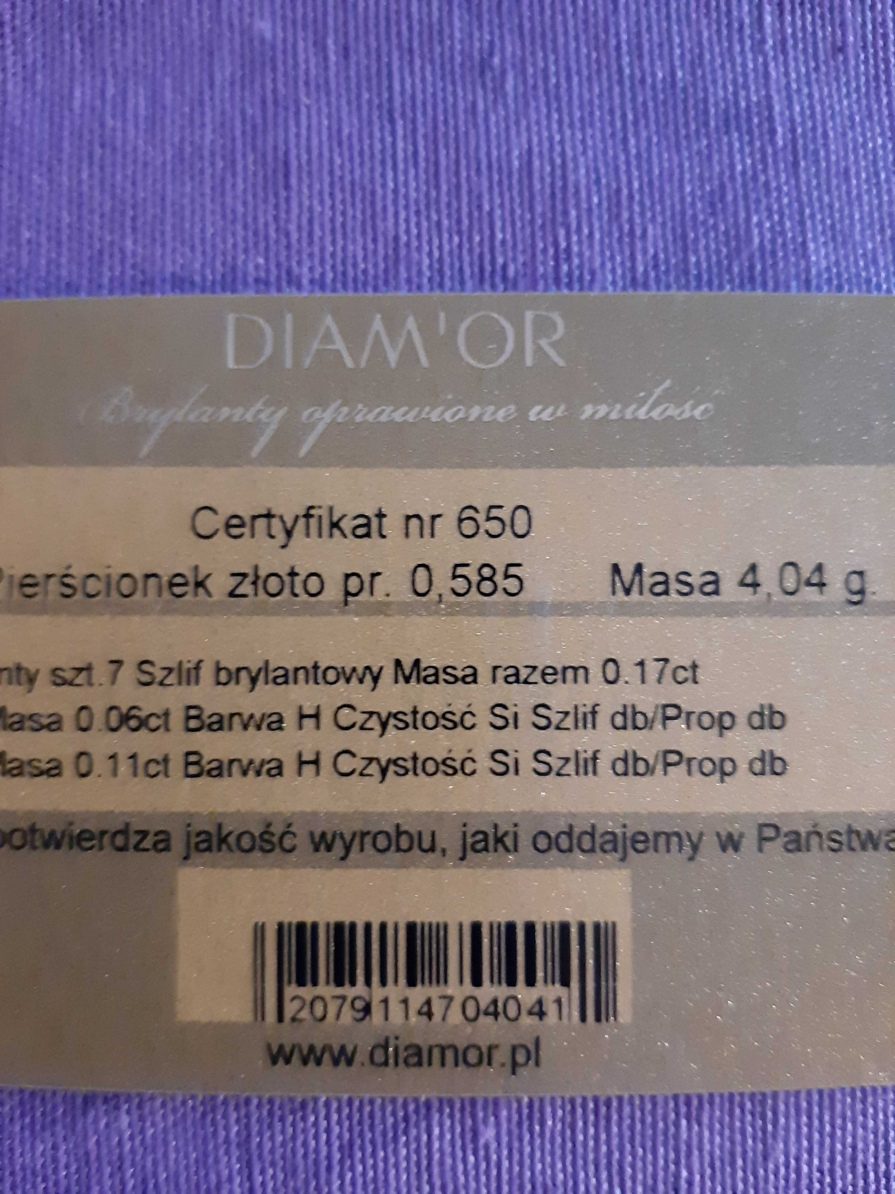 Pierscionek  zloty z brylantami, Certyfikat . proba  585, 017 ct
