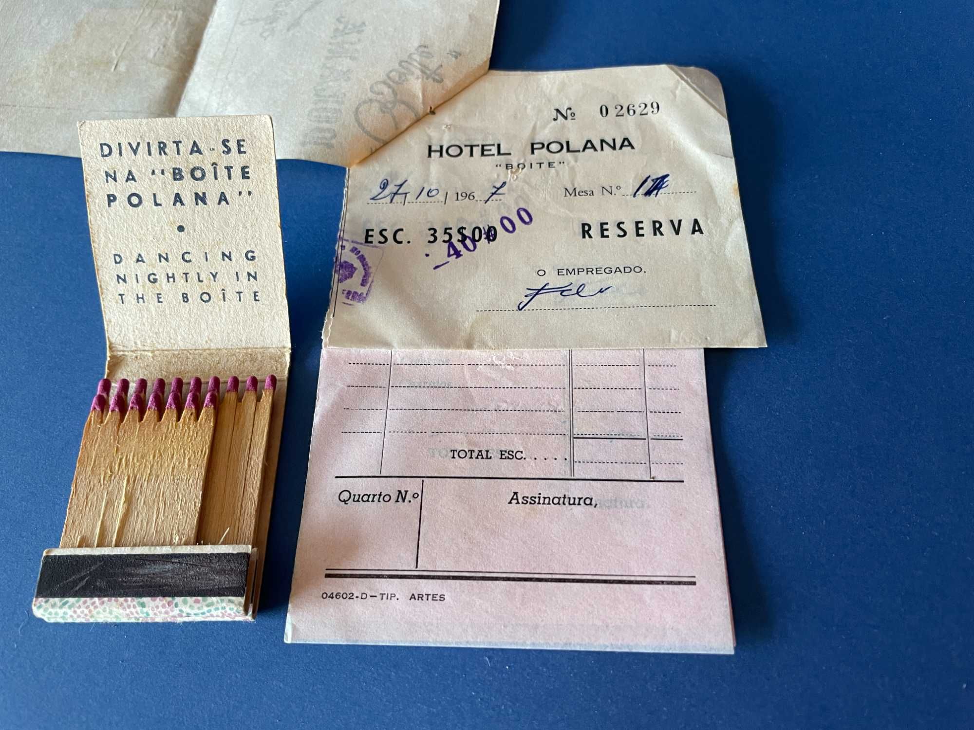 Hotel Polana, Moçambique - Nota de Despesa e Carteira de Fósforos