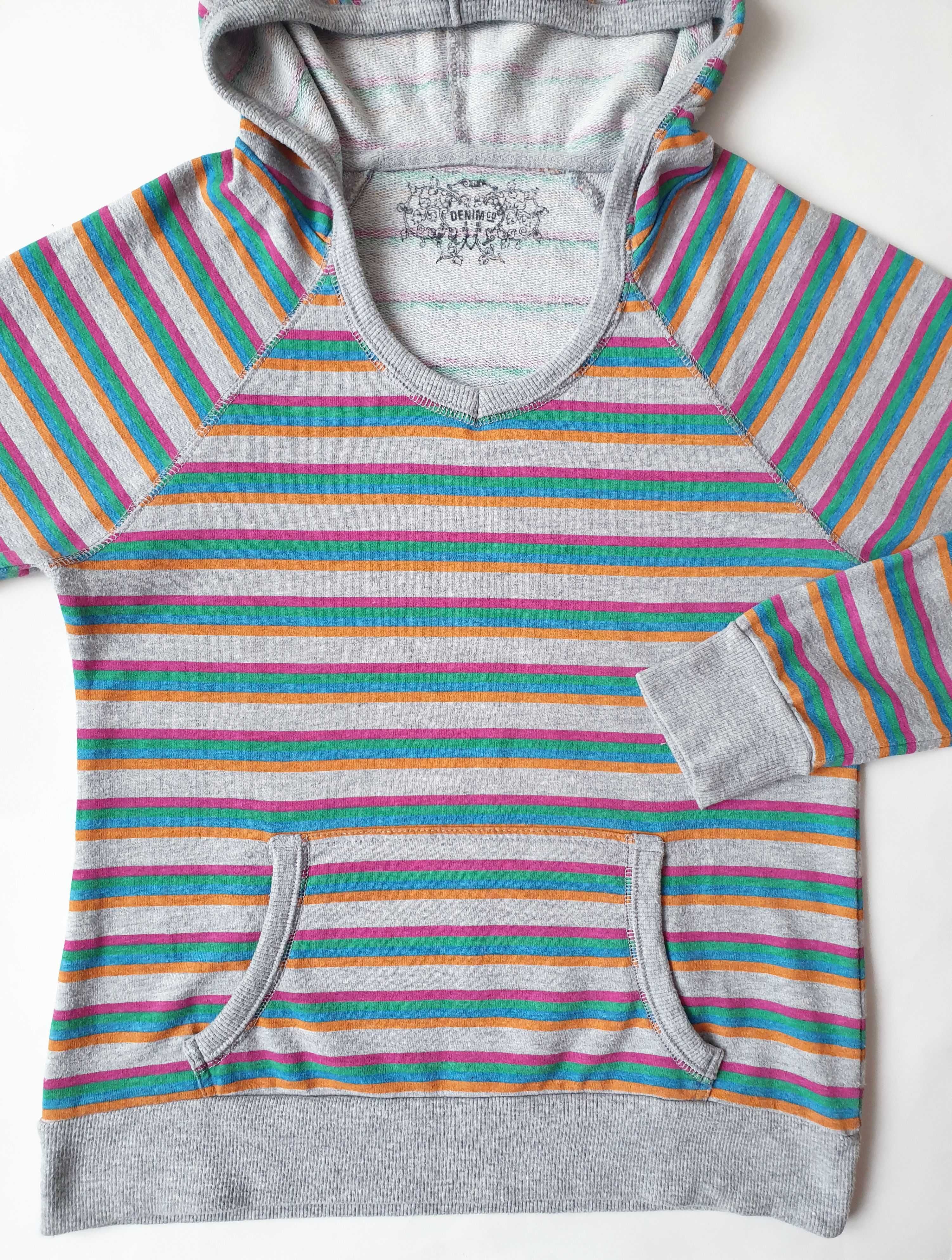 Bluza Z Kapturem Kangurek Hoodie Szary W Kolorowe Paski Y2K 00s Vibe S