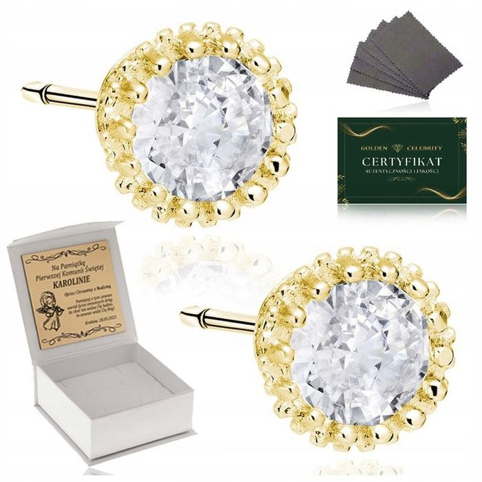 Kolczyki Złote Okrągłe Cyrkonie Dla Dziewczynki 925/585 Komunię Na Chr