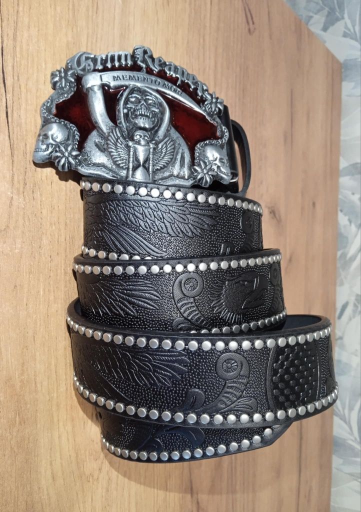 Czarny skórzany męski pasek do spodni memento mori 120cm
