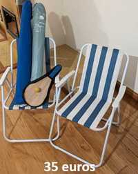 Kit Praia com cadeiras, guarda-sol, corta vento, raquetes de frescobol