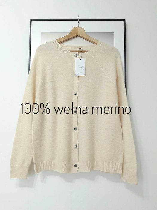 Damski Kremowy Waniliowy Sweter Kardigan Wełniany Merynos 100%