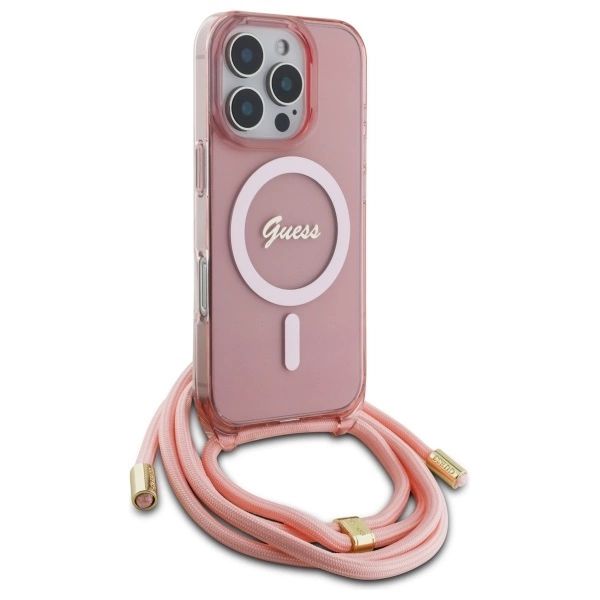 Etui Guess Crossbody Cord Script MagSafe na iPhone 16 Pro - różowe