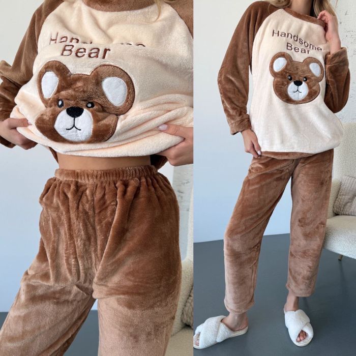 Женская зимняя пижама 42-46 махровая Мишка/Зайчик кофта и штаны теплая