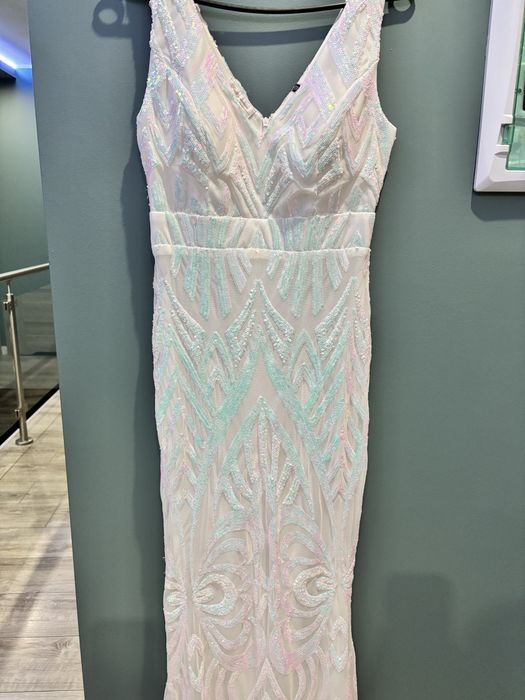 Biała multikolorowa sukienka cekinowa ślubna maxi na ramiączkach 38