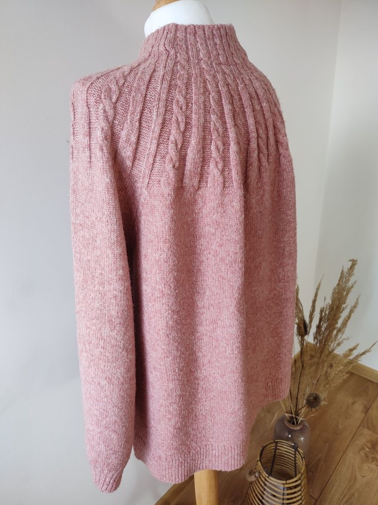 Różowy sweter półgolf, warkocze, C&A rozmiar XL/XXL oversize
