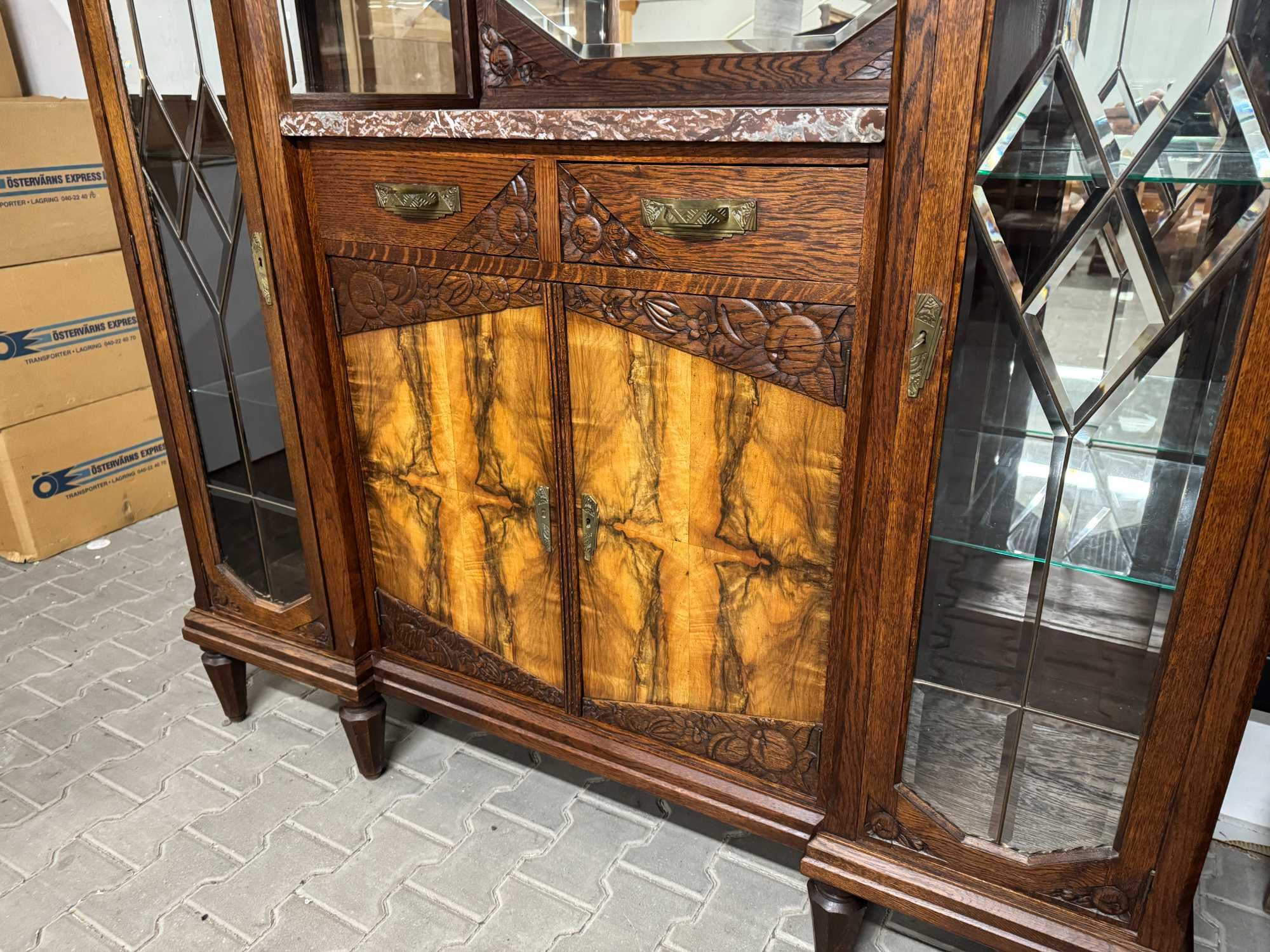 Kredens Art Deco witryna przeszklona kredens drewniany orzech marmur