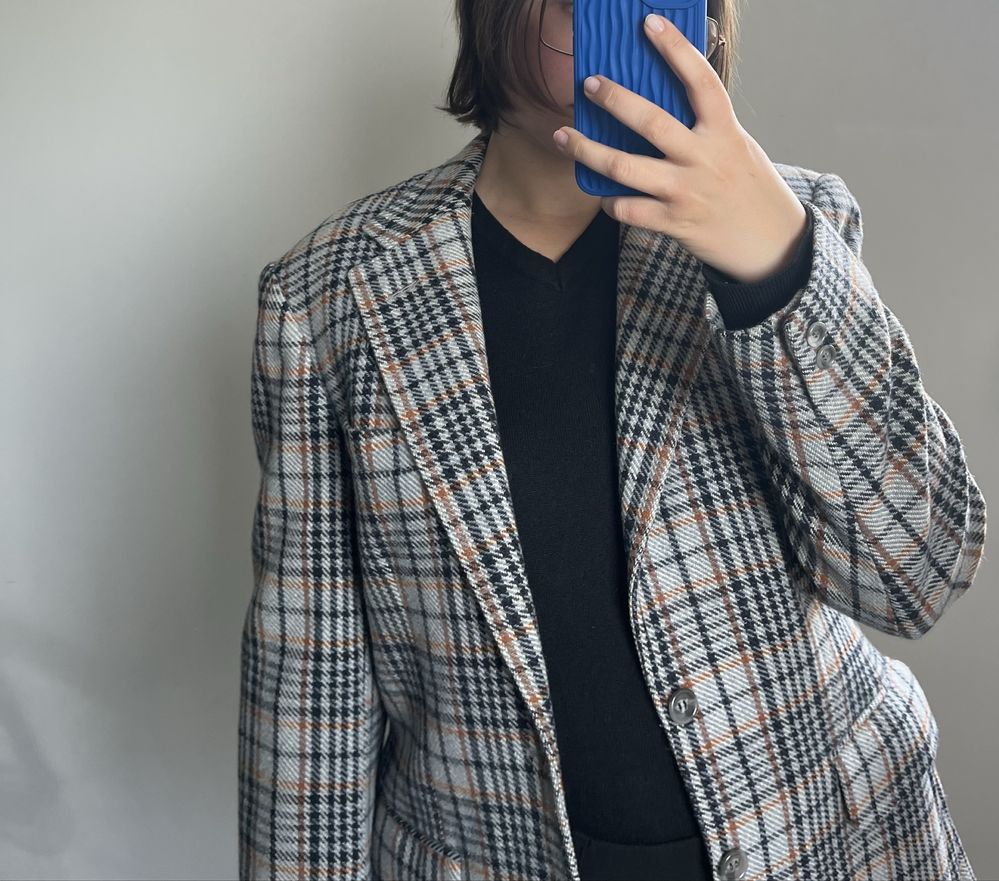 Elegancka marynarka w kratę szara czarna paski oversize
