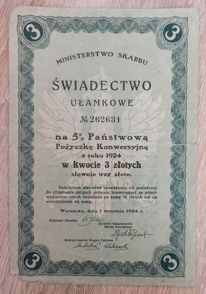 Świadectwo Ułamkowe na 5% Państwową Pożyczkę Konwersyjną 3zł 1924