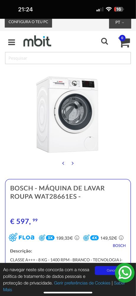 Máquina de Lava Roupa Bosch , Carga Frontal 8 kg 1400 rpm WAT28661ES