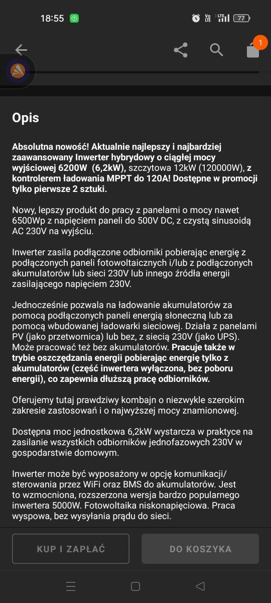 Inwerter hybrydowy 6,2 ; 1fazowy
