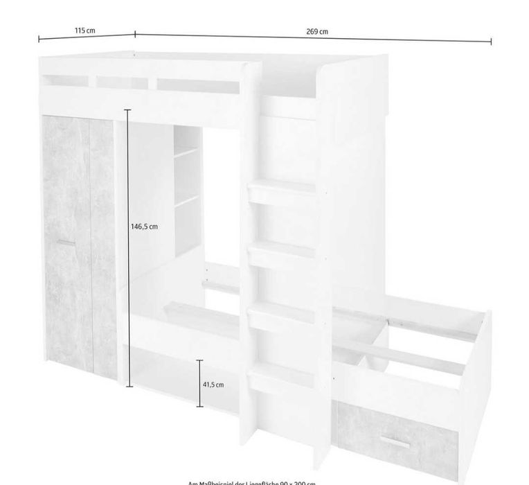 łóżko maxi piętrowe białe/beton z szafą