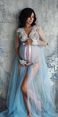 Peniuar/ suknia do sesji ciążowej niebieska z koronką