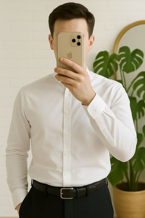 Moda męska - biała koszula ze stójką, granatowa ramówka. ONLY&SONS.