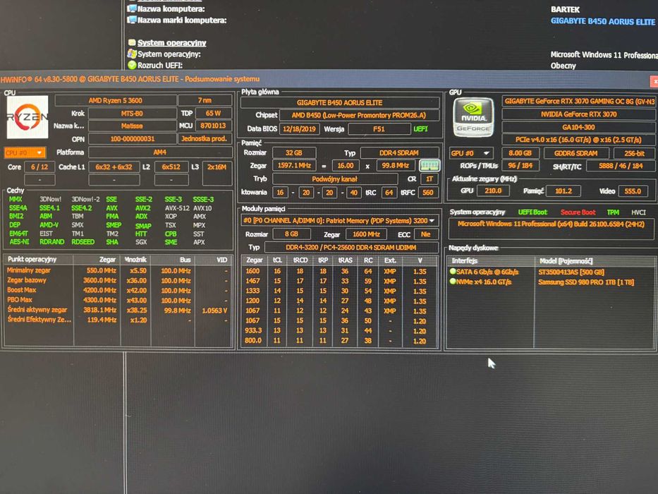 Komputer Ryzen 5 3600 / RTX 3070 / 32gb RAM / 1tb M2 / Win 11 Pro