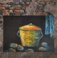 "Garnek na ziemniaki" obraz olejny do jadalni, kuchni, 50x70 cm