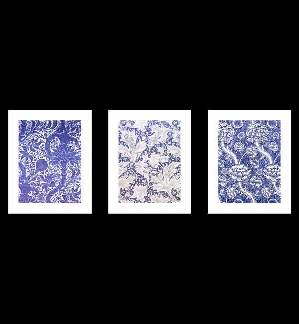 William Morris, Wzory Kwiatowe Indygo, Kobaltowe, Komplet 3 Plakatów