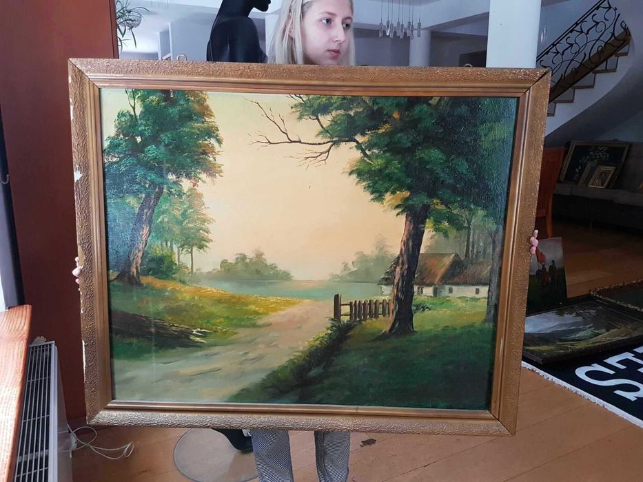 Obraz DUŻY malowany na płótnie PEJZAŻ WIEJSKI w ramie 104x85cm