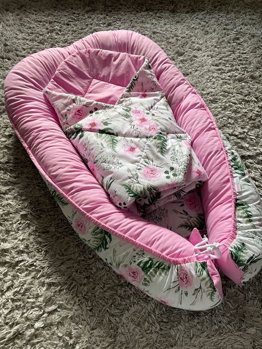 Komplet 3w1 kokon niemowlęcy rożek różowy Minky&Bawełna Kwiaty Babymam