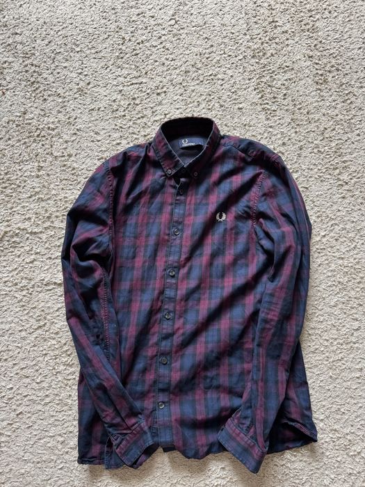 Men's Fred Perry Shirt Cotton Red Navy Check Long Sleeve Shirt Size S