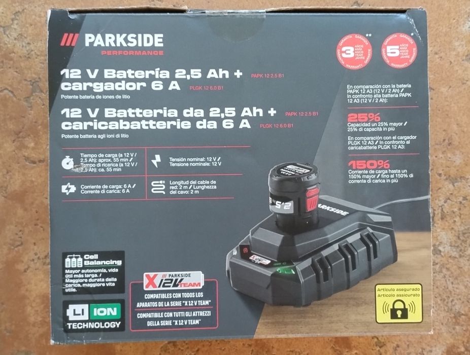 Carregador 6A e bateria 2,5 Ah Parkside Performance 12V