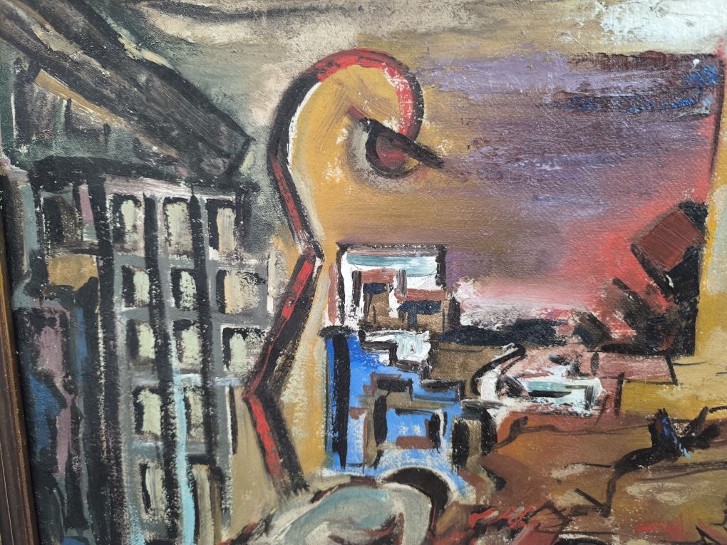 Piękny stary oryginalny obraz olejny 1947 r Waldman Mosze " Getto"