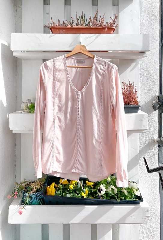 Wiskozowa pudrowo różowa bluzka boho z ażurowymi wstawkami Vintage 38