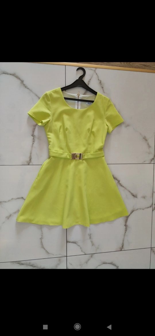 Neonowa sukienka 38 limonka komunia chrzest złote dodatki