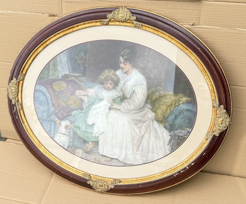 Stary zabytkowy obraz owalny rama ze szkłem