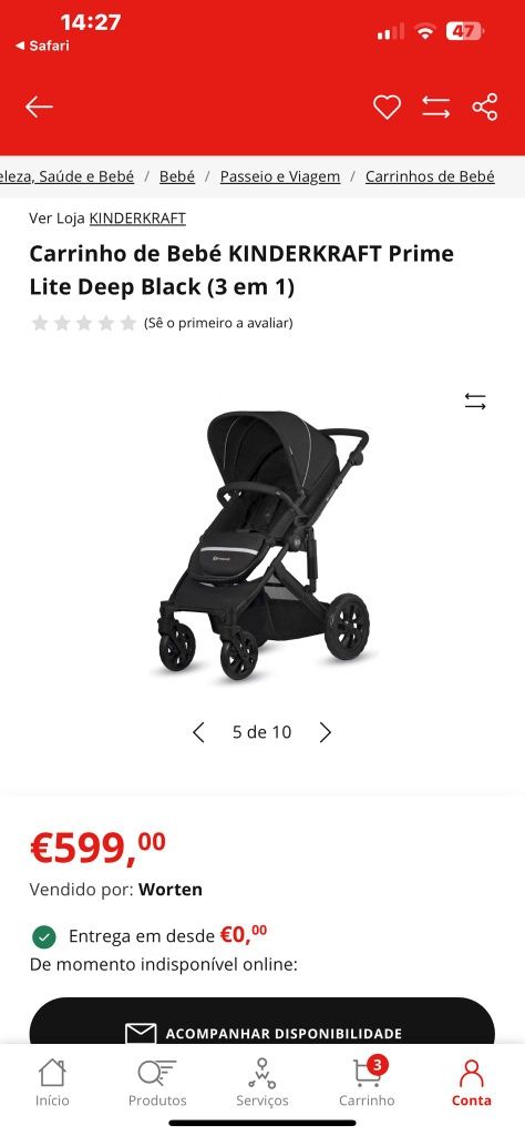 Carrinho de Bebé KINDERKRAFT Prime Lite Deep Black (3 em 1)