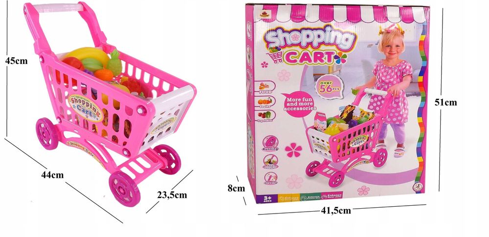 Duży 28 elementowy różowy koszyk wózek na zakupy i akcesoria