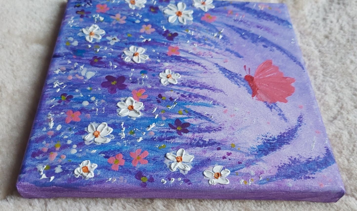 Fioletowa Łąka 20x20cm farba akrylowa i olejna abstrakcja motyl kwiaty